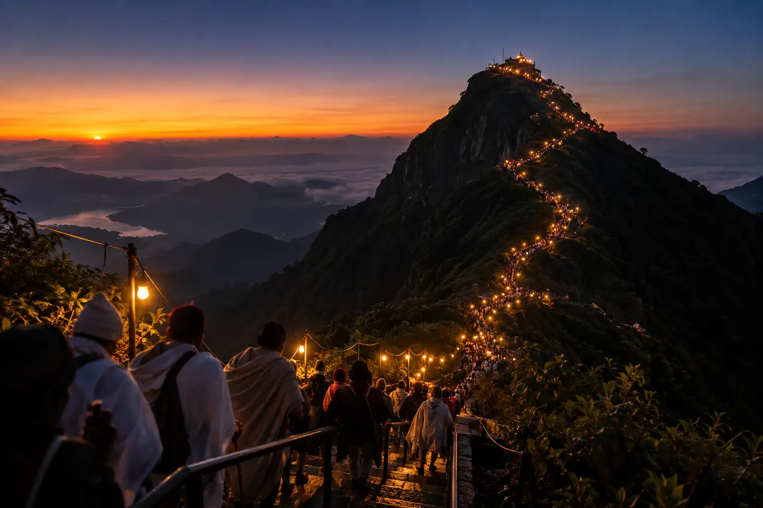 Pilgrims climbing the lit steps of Adam's Peak before sunrise