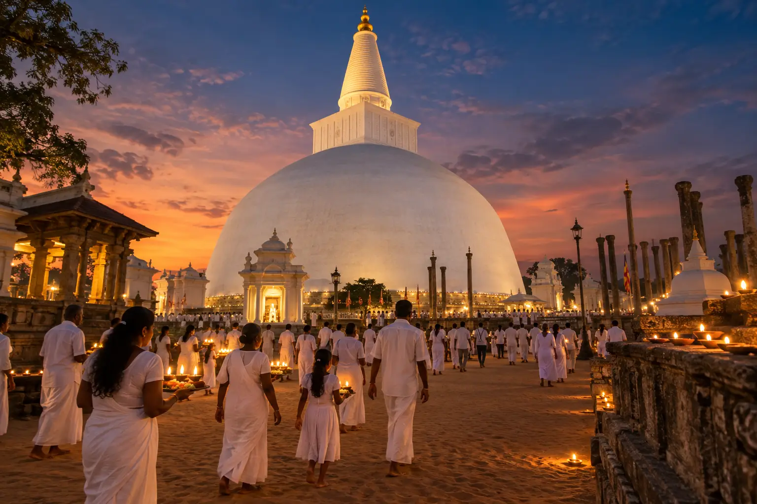 The white dome of Ruwanwelisaya stupa at dusk with pilgrims in white