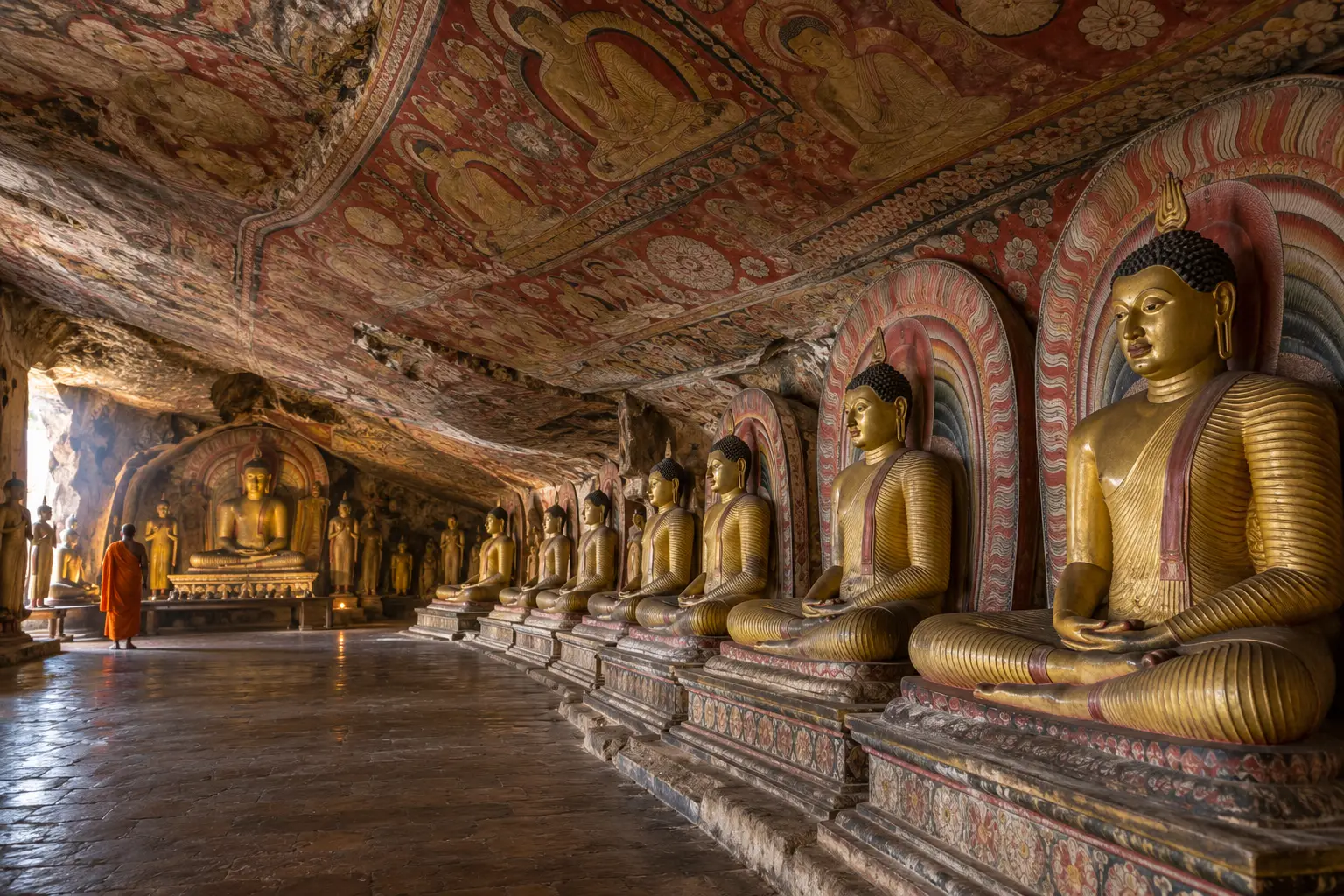 Painted ceiling and Buddha statues inside the Dambulla cave temple