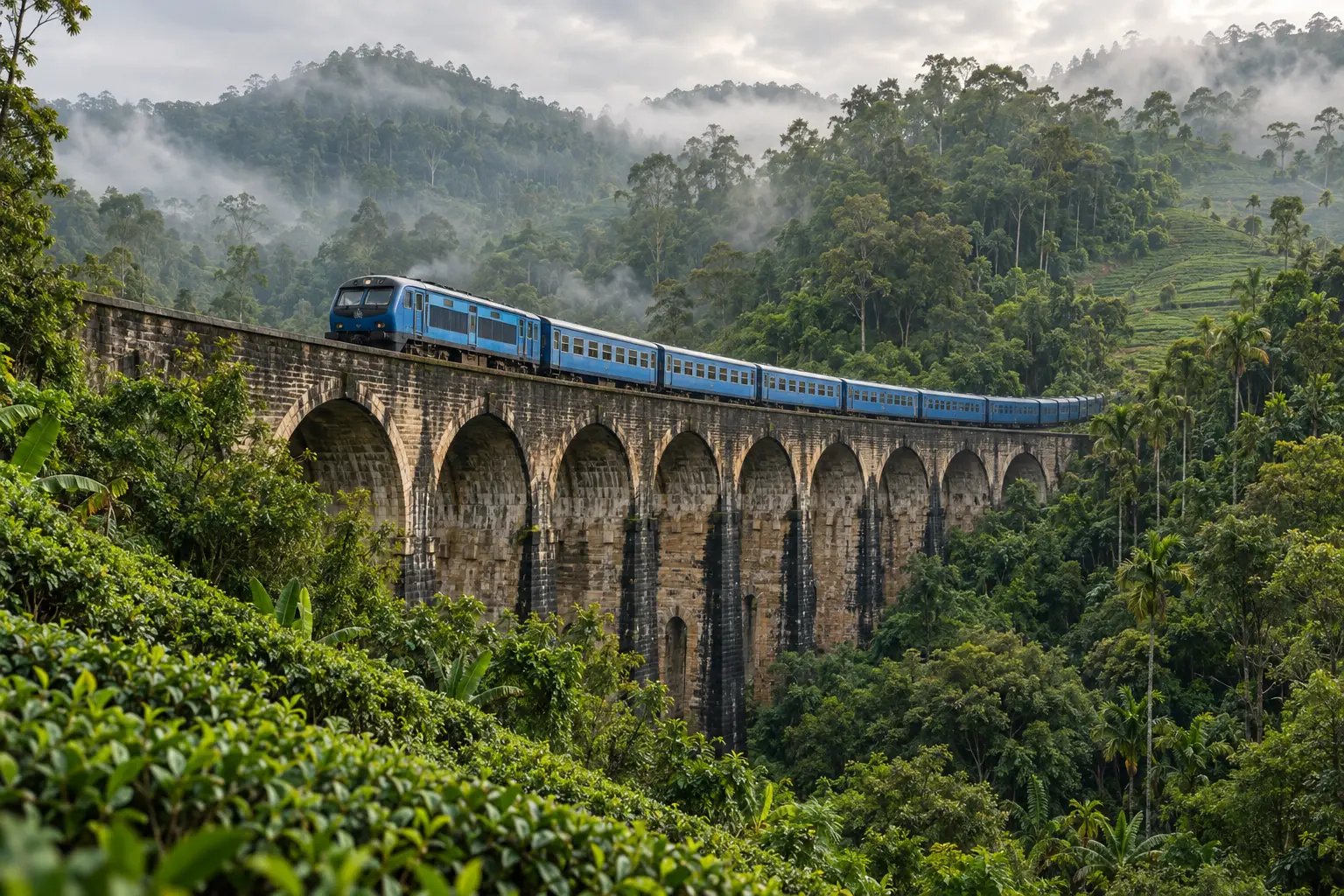Blue train crossing the Nine Arch Bridge in Ella through tea plantations