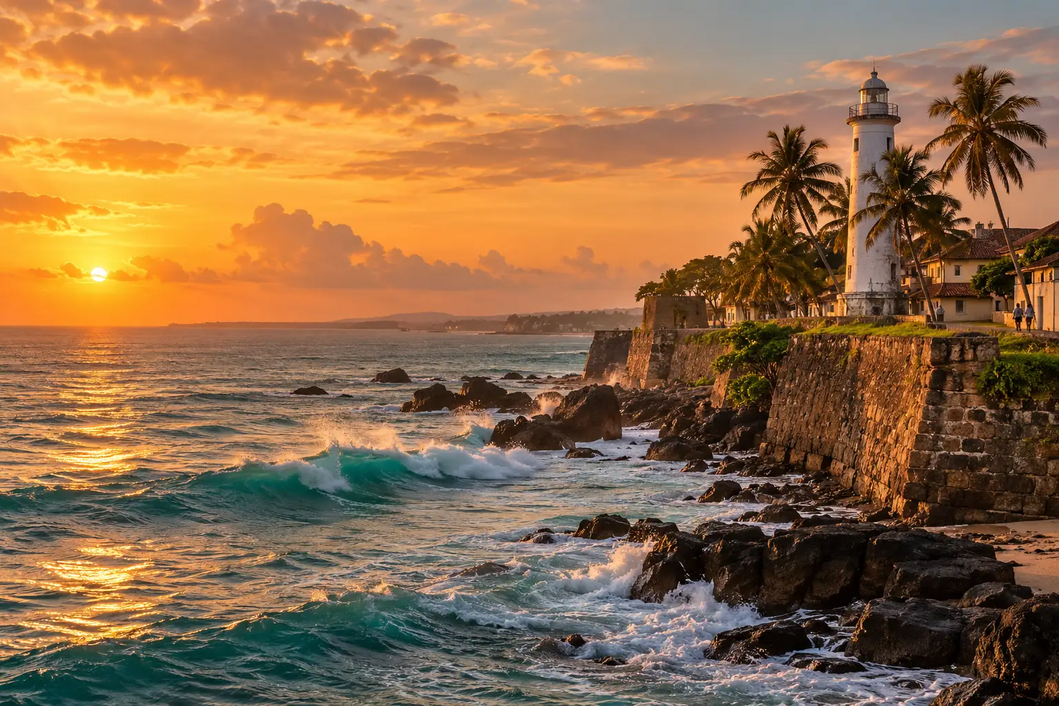 Galle Fort lighthouse and ramparts at sunset with waves on the rocks