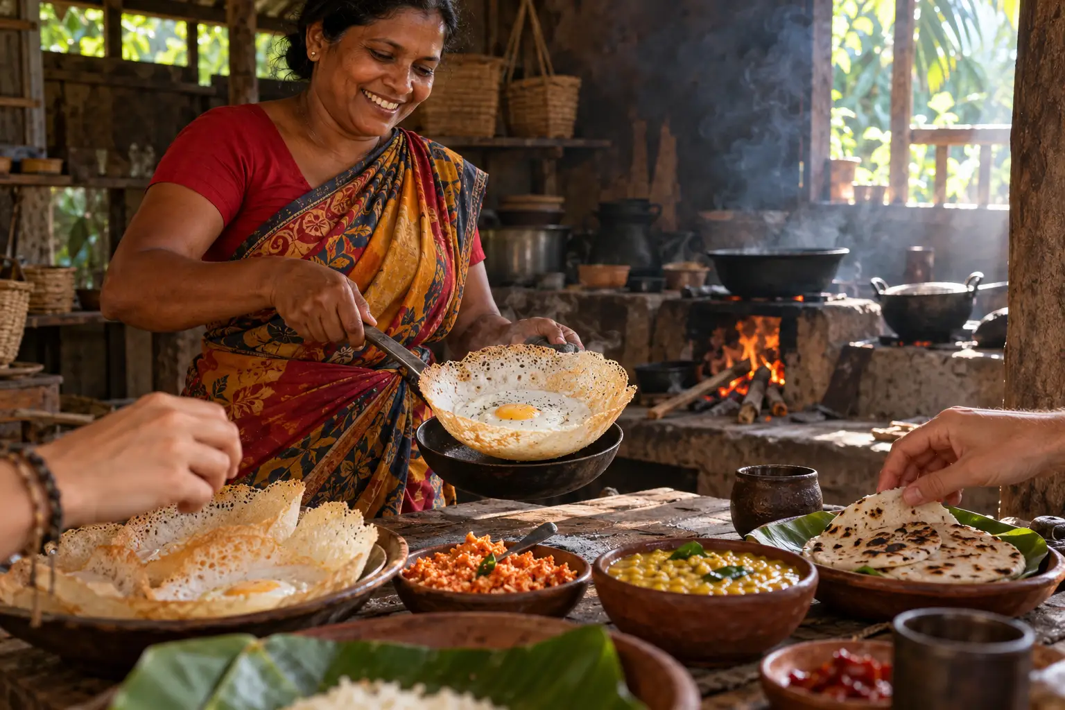 Local guide sharing hoppers with travellers at a village kitchen