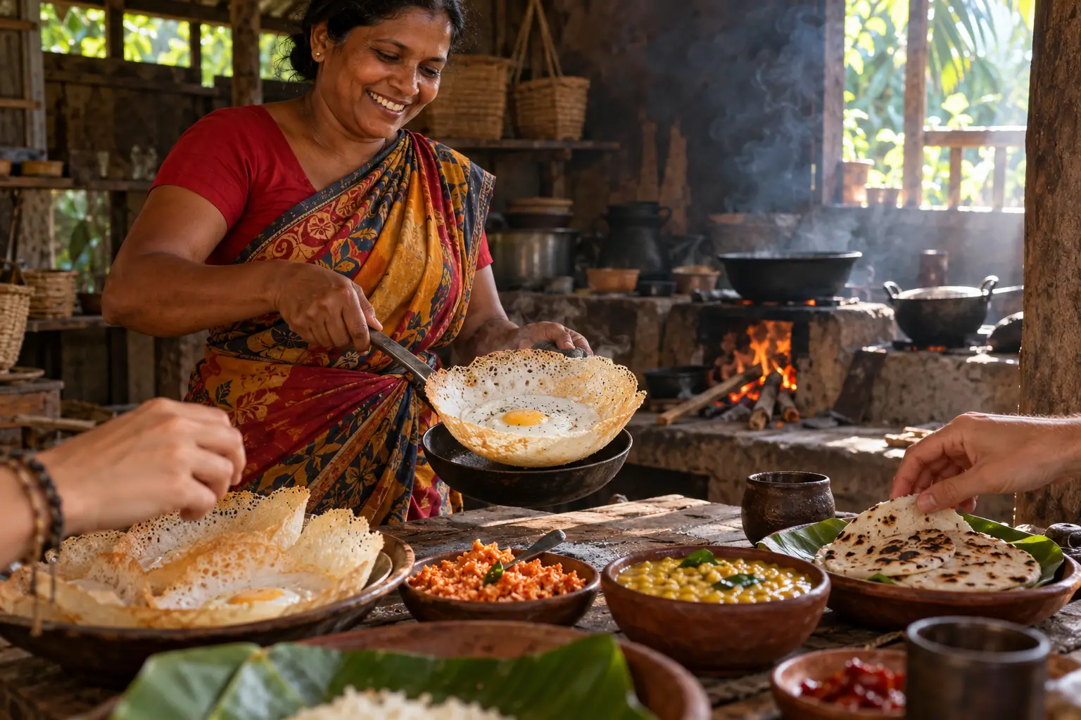 Local guide sharing hoppers with travellers at a village kitchen