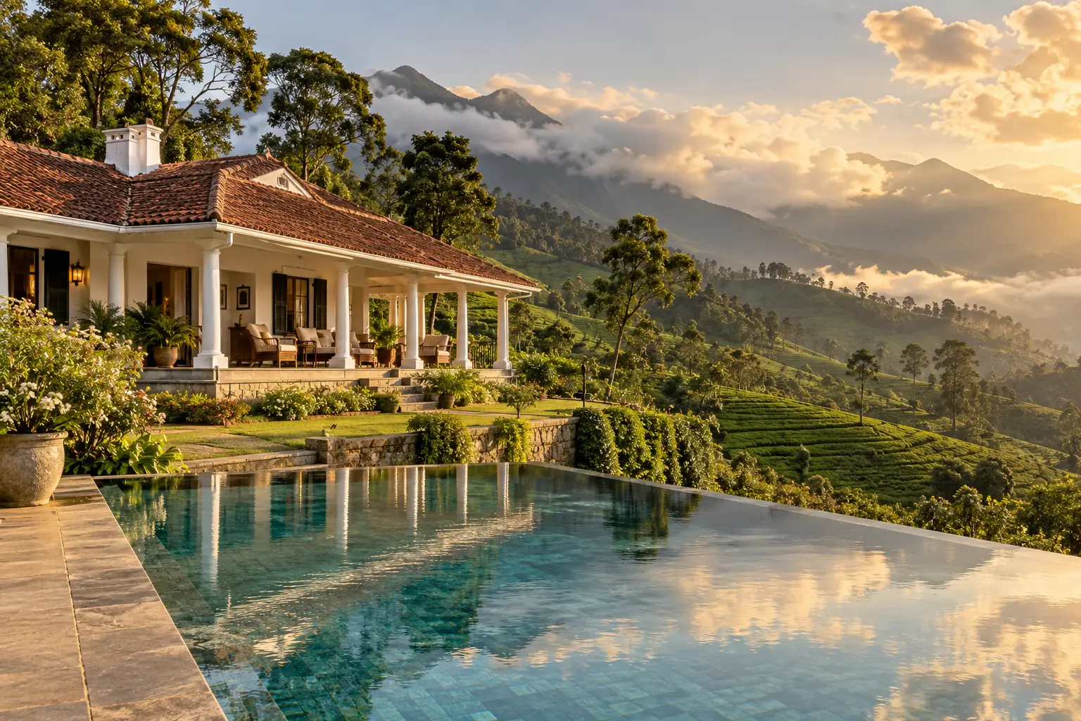 Colonial tea-planter bungalow with a pool overlooking tea estates