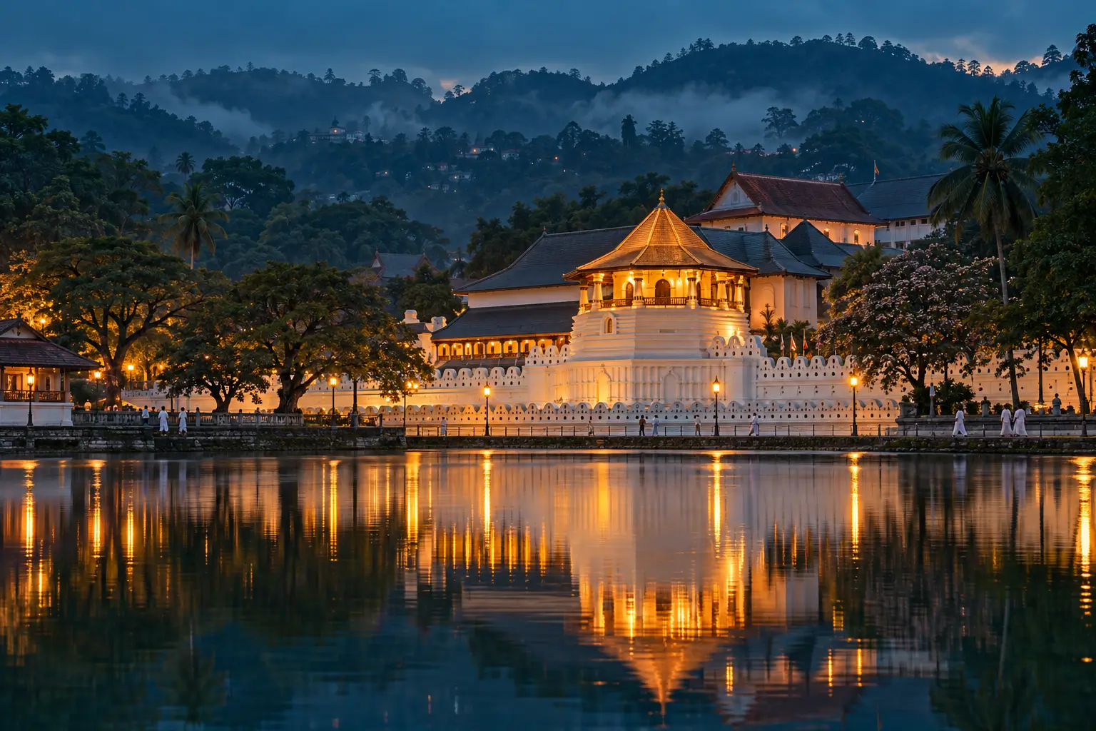 Temple of the Sacred Tooth Relic reflected in Kandy Lake at dusk