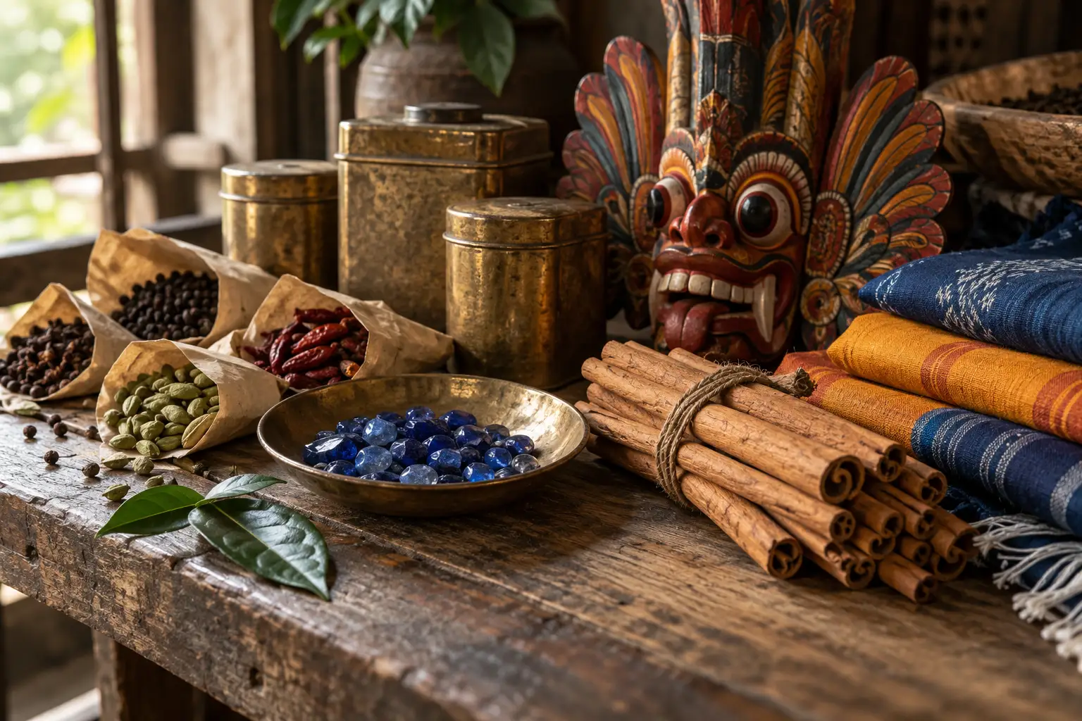 Ceylon tea tins, blue sapphires and handloom fabric on a market stall
