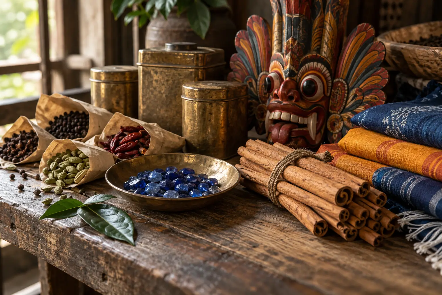 Ceylon tea tins, blue sapphires and handloom fabric on a market stall