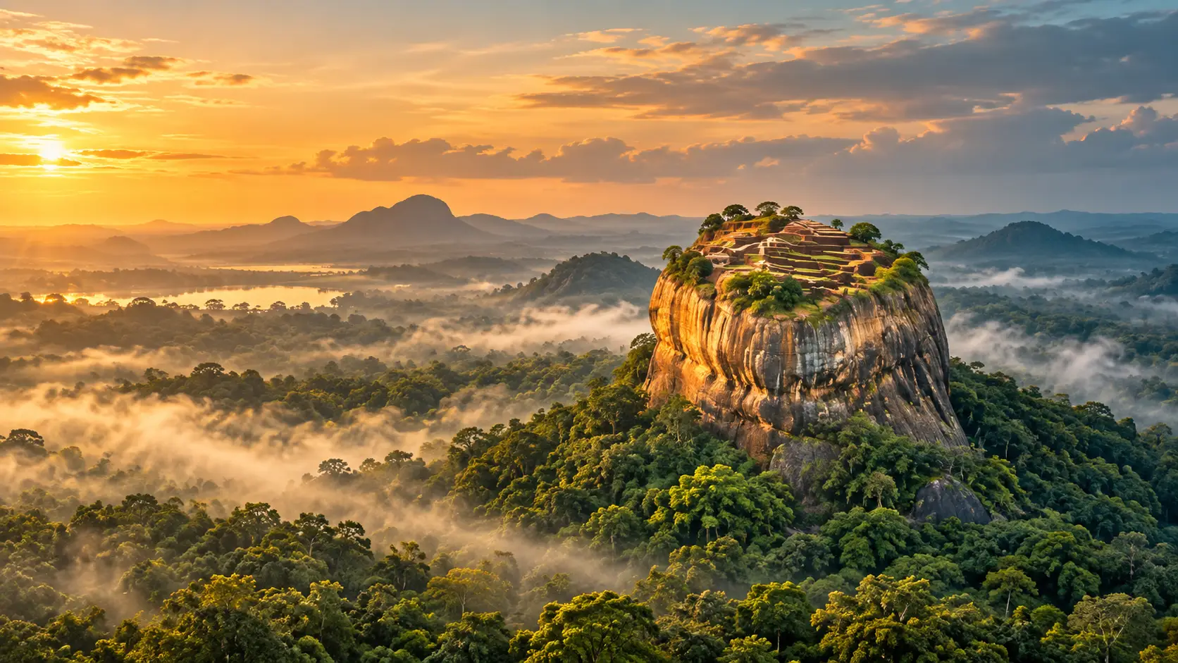 Sigiriya Lion Rock rising out of misty jungle at sunrise, Sri Lanka