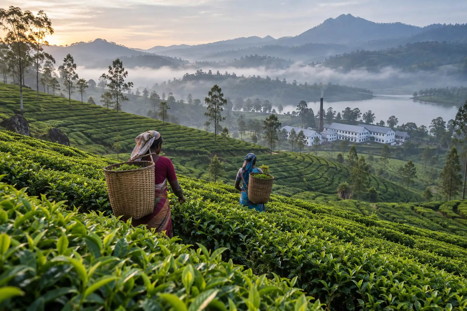 Tea pluckers on a hillside tea estate near Nuwara Eliya in morning mist