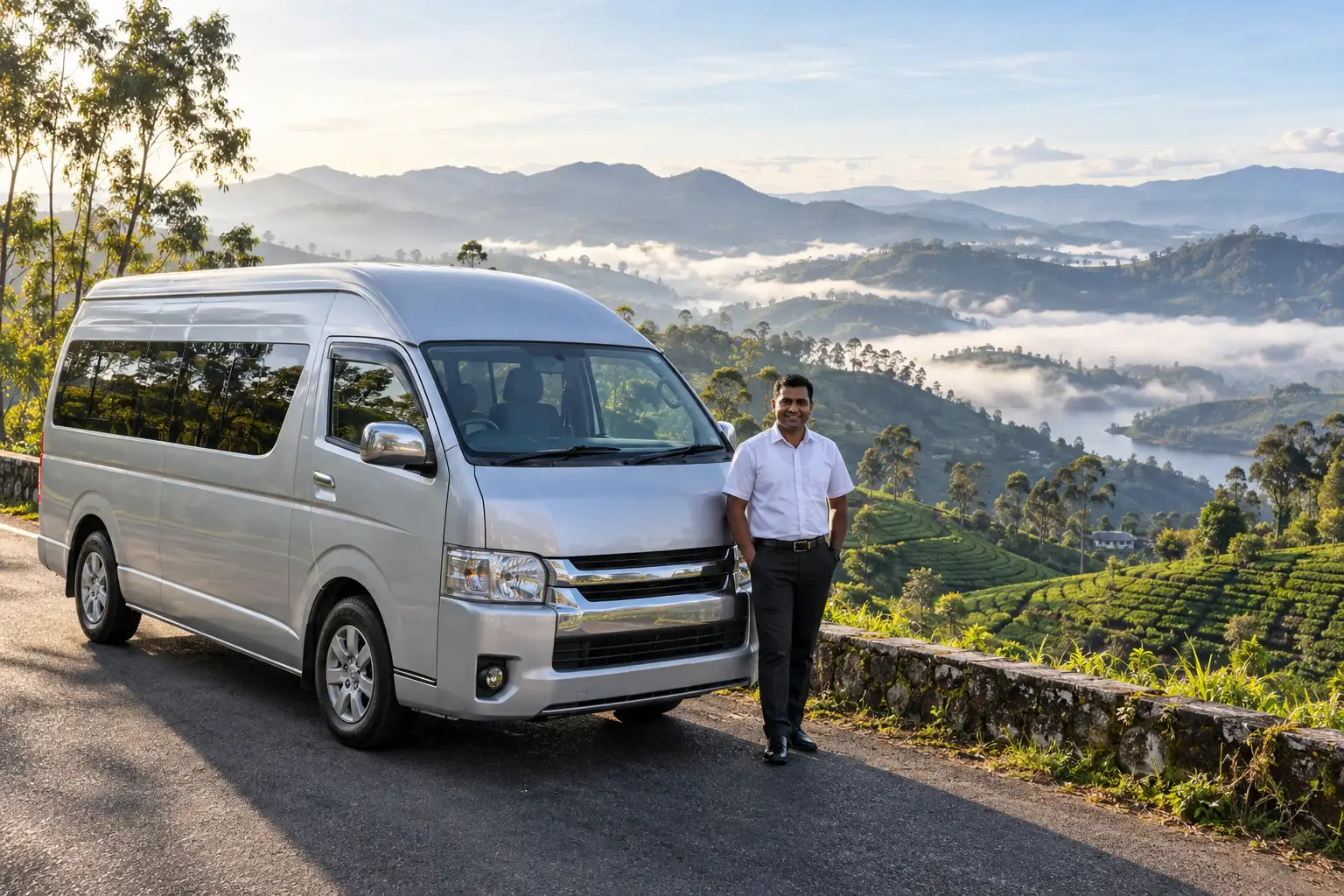 Private van with driver on a winding hill-country road in Sri Lanka