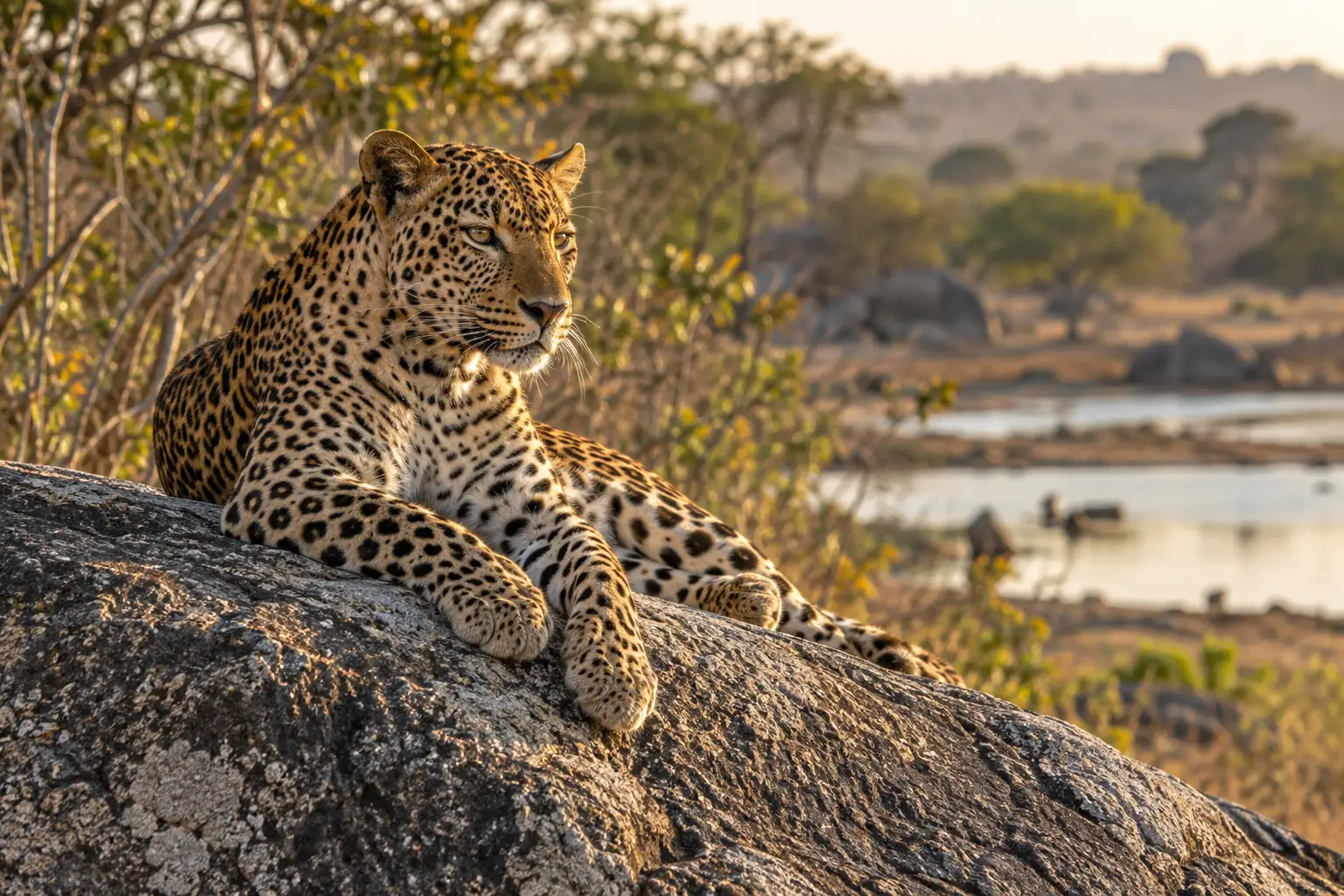 Sri Lankan leopard lying on a granite boulder in Yala National Park